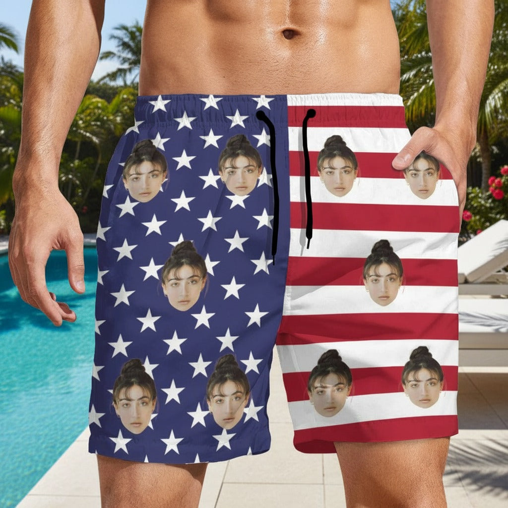 Custom Human Face American Flag Beach Short CTKC8