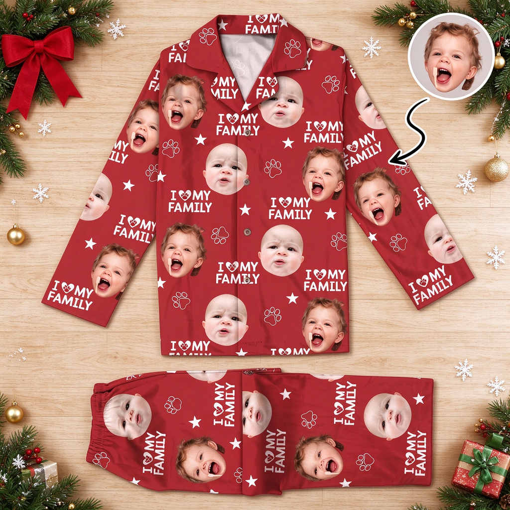 Custom Photo Upload Pajamas with I Love My Family & Paw Prints CIVU9