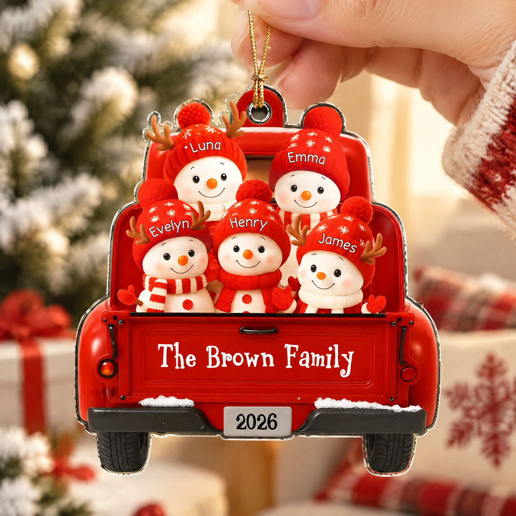 Custom Personalized Acrylic Ornament with Snowman Family Red Truck RAFD9