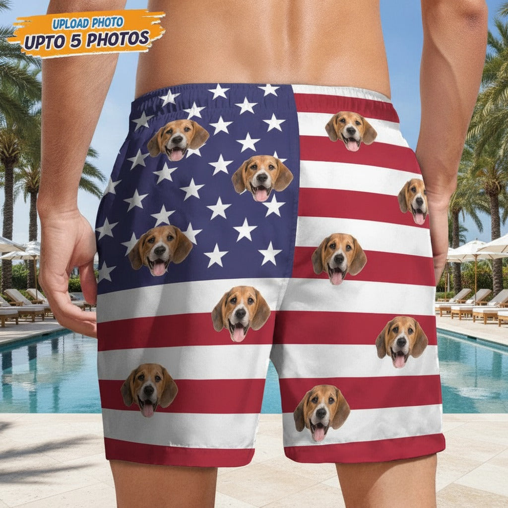 Custom Photo Dog Face American Flag Beach Short E3EAG