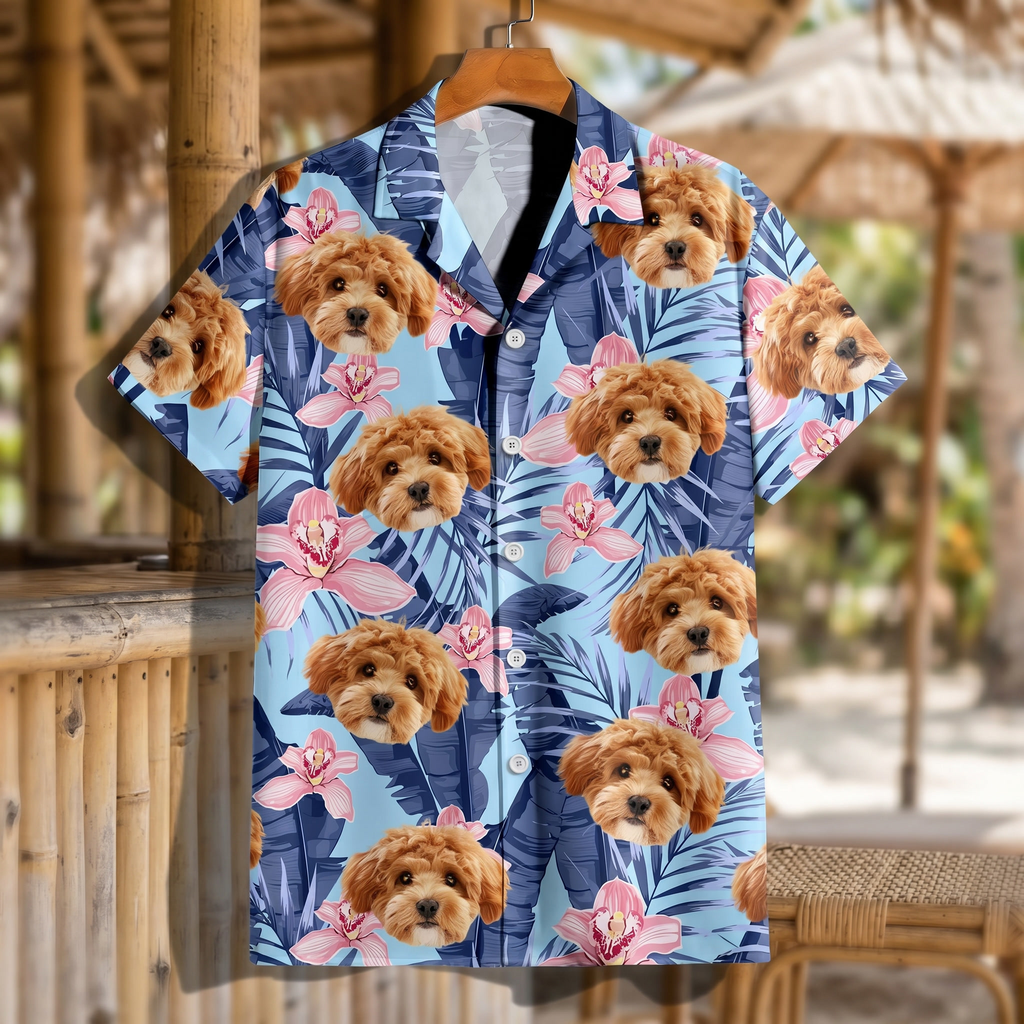 Custom Photo Funny Face Dog Cat Family Vacation Tropical Pattern Hawaiian Shirt