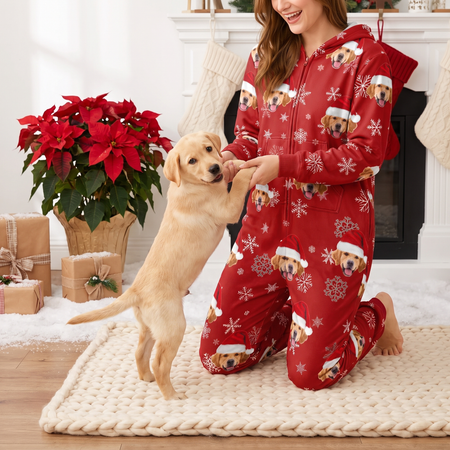 Custom Photo Upload Onesie Pajamas with Santa Dogs & Snowflakes I7E3B