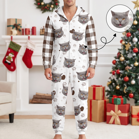 Custom Photo Upload Onesie Pajamas with Cat Faces & Plaid Sleeves 4ILQ1