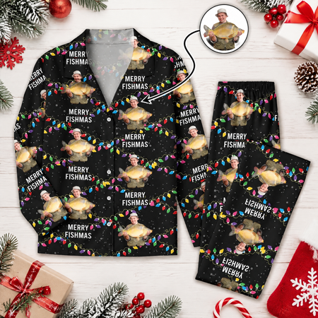 Custom Photo Upload Pajamas with Merry Fishmas & Christmas Lights 2QFUG