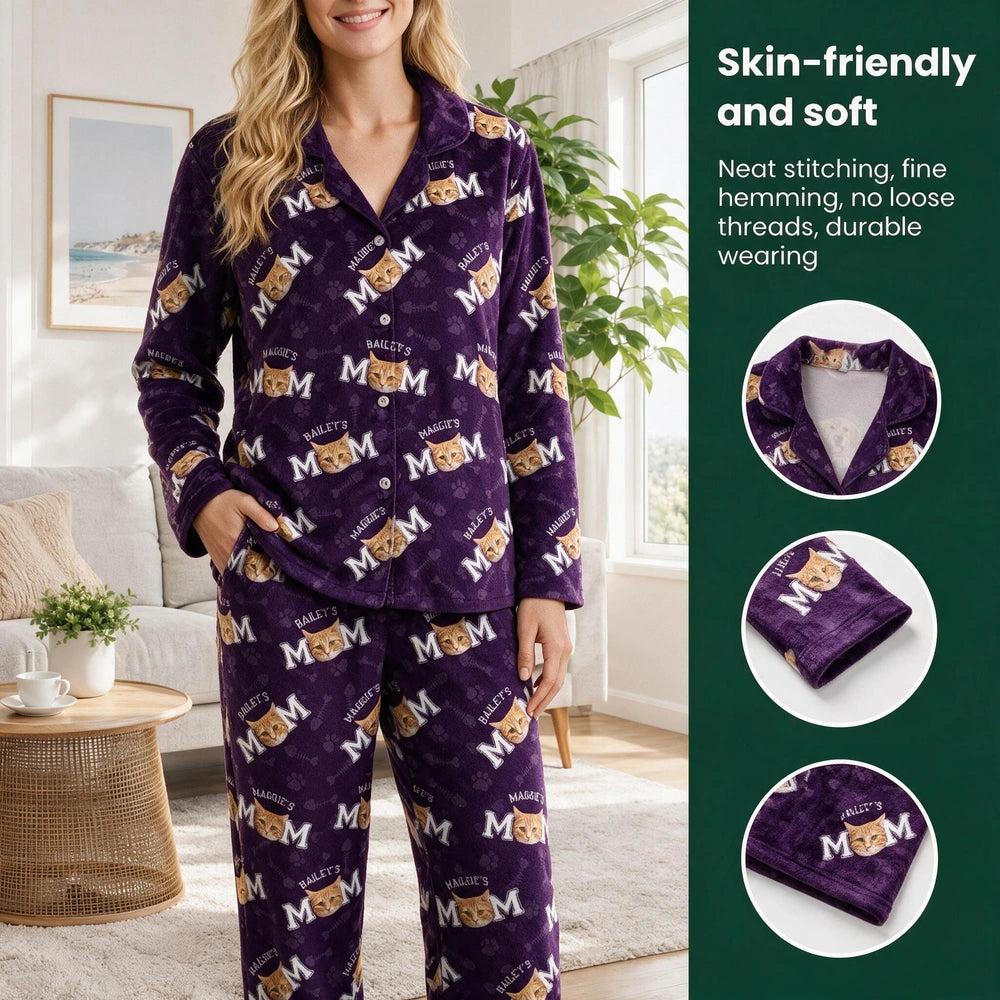 Custom Photo Upload Pajamas with Cat MOM DAD Pattern & Paw Prints BF8TU