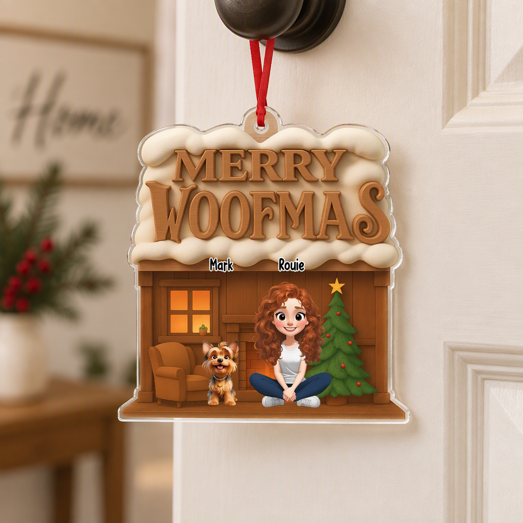 Custom Personalized Acrylic Ornament with Merry Woofmas Dog House V28FG