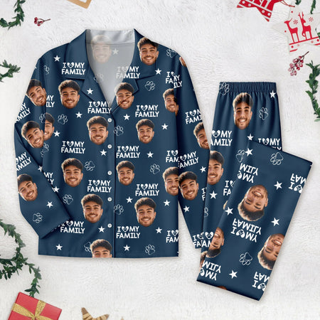 Custom Photo Upload Pajamas with I Love My Family & Paw Prints CIVU9