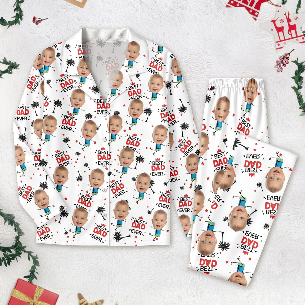 Custom Photo Upload Pajamas with Best Dad Ever Text & Palm Trees CRYV4