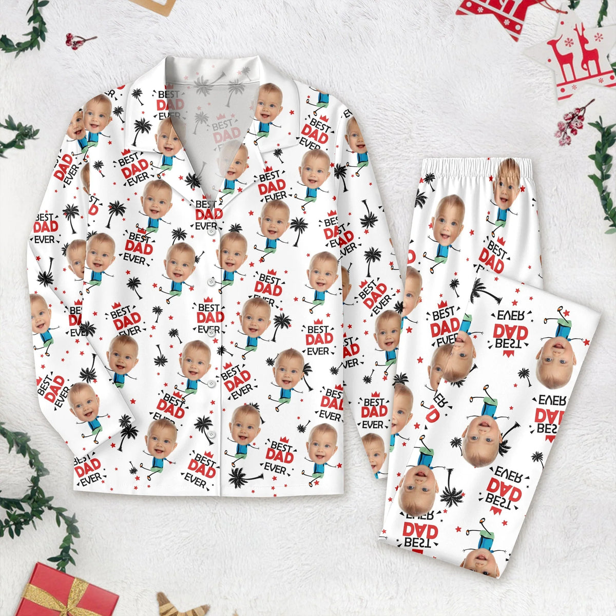 Custom Photo Upload Pajamas with Best Dad Ever Text & Palm Trees CRYV4