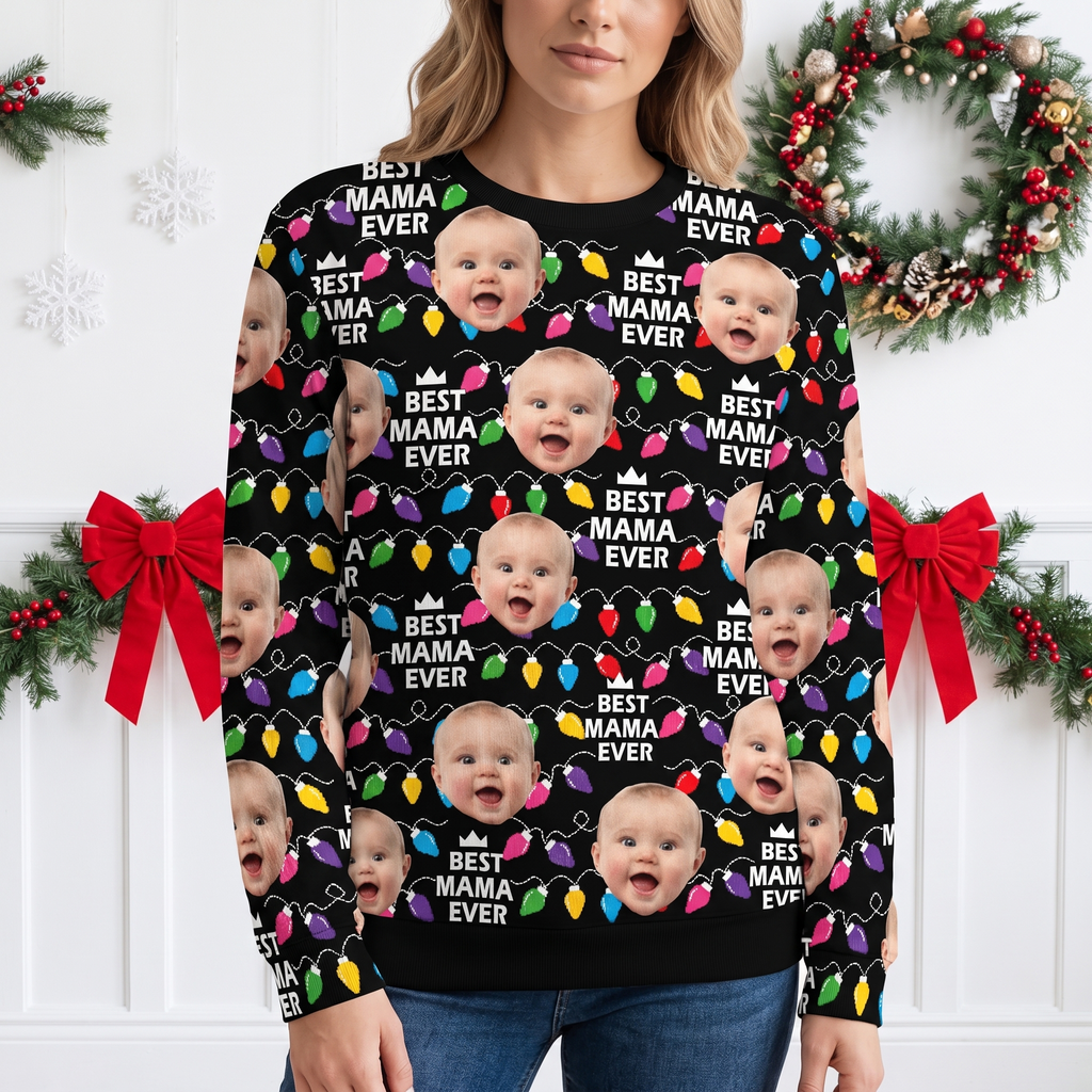 Custom Photo Upload Sweater with Best Mama Ever & Christmas Lights RNP3M