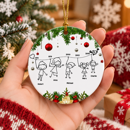 Custom Personalized Wood Ornament with Stick Family & Pine Branches UI8Q6