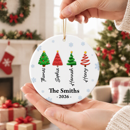 Custom Personalized Ceramic Ornament with Christmas Trees & Snowflakes CE4U9