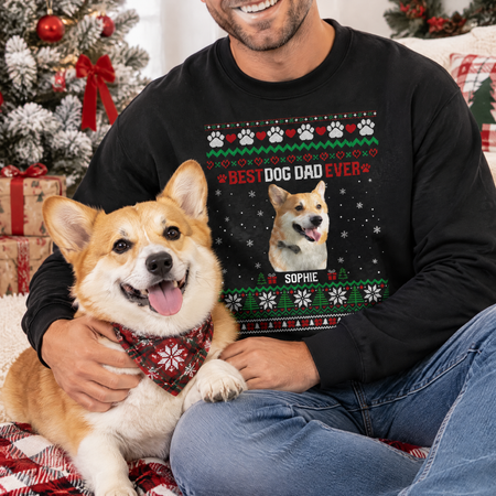 Custom Photo Upload Christmas Sweatshirt with Best Dog Dad Ever Design PDB96