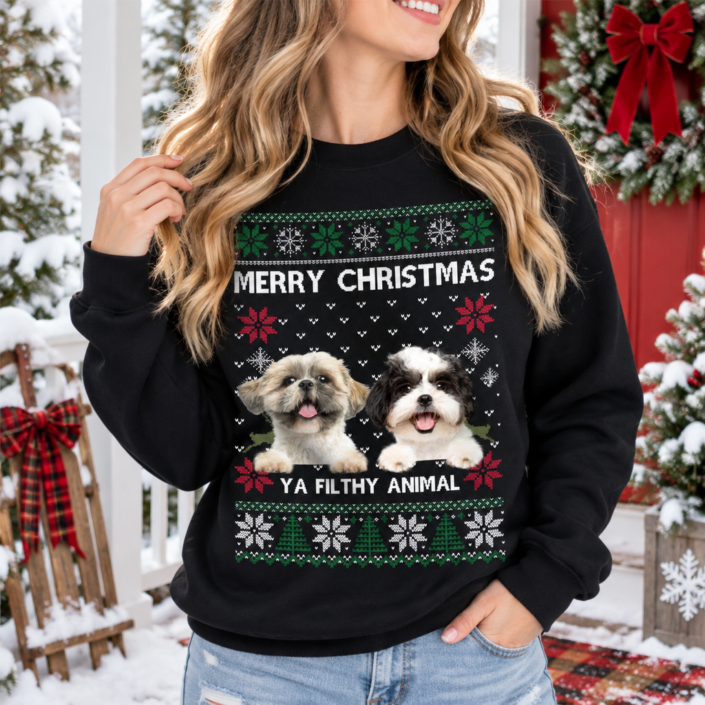 Custom Dog Face Merry Christmas Crewneck Sweatshirt — Custom Gift EEQQT