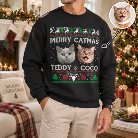 Custom Photo Upload Merry Catmas Sweatshirt with Ugly Sweater Design AUN5M
