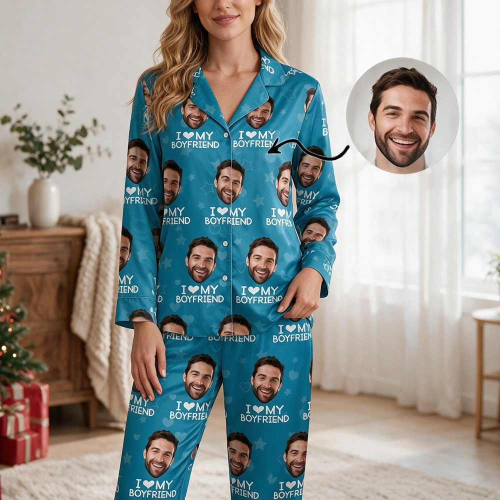 Custom Photo Upload I Love My Wife Pajamas with Hearts and Stars NVZJN