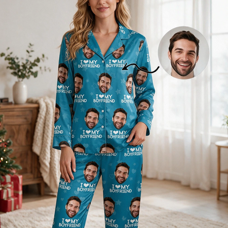 Custom Photo Upload I Love My Wife Pajamas with Hearts and Stars NVZJN