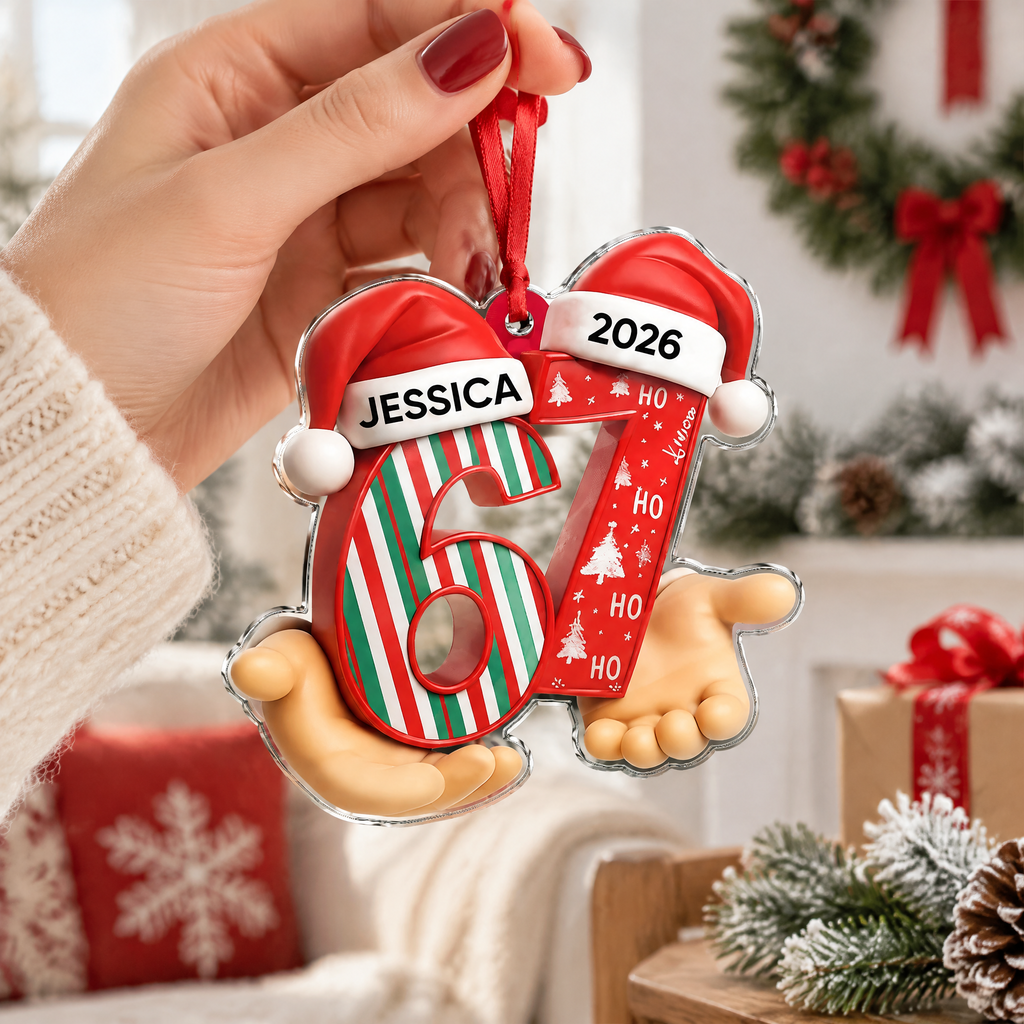Custom Personalized Acrylic Ornament with Santa Hats & Striped Numbers 1XIWI