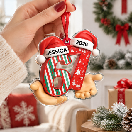 Custom Personalized Acrylic Ornament with Santa Hats & Striped Numbers 1XIWI