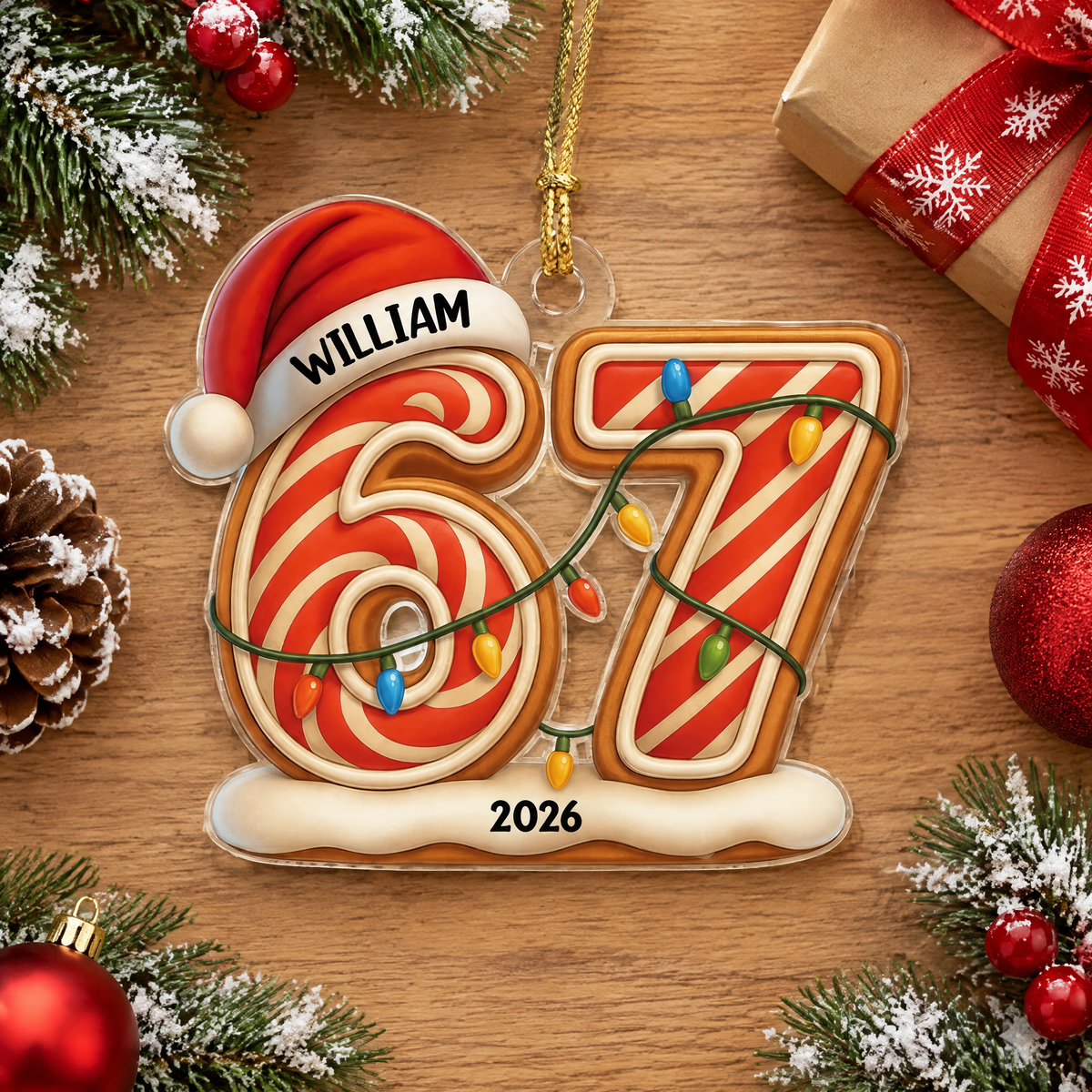 Custom Personalized Acrylic Ornament with Santa Hat & Candy Cane K6NXE