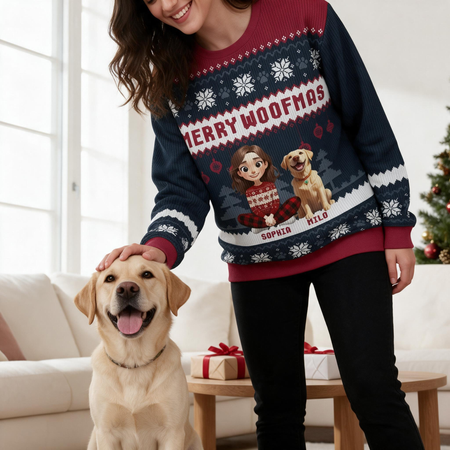 Custom Photo Upload Merry Woofmas Sweater with Snowflakes & Dog WK73A