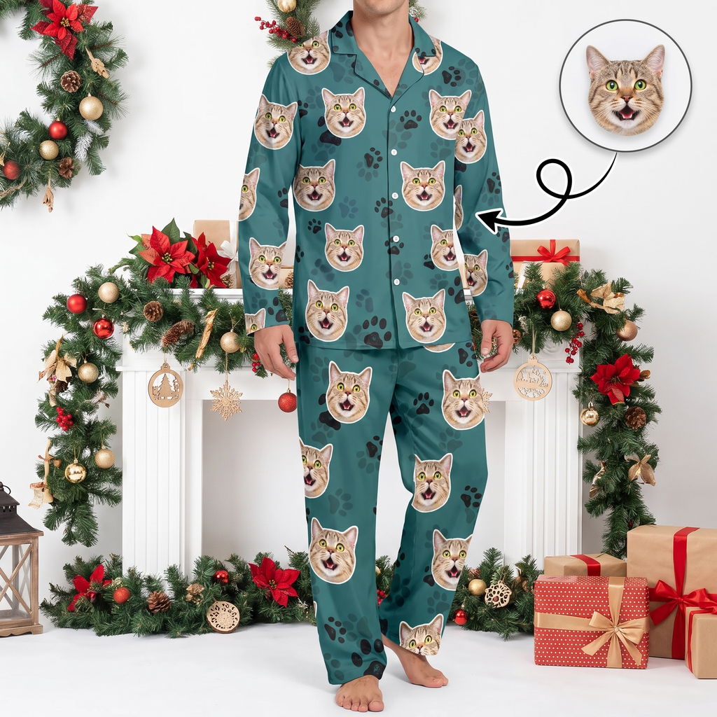 Custom Photo Upload Pajamas with Cat Faces and Paw Prints 3WVIA
