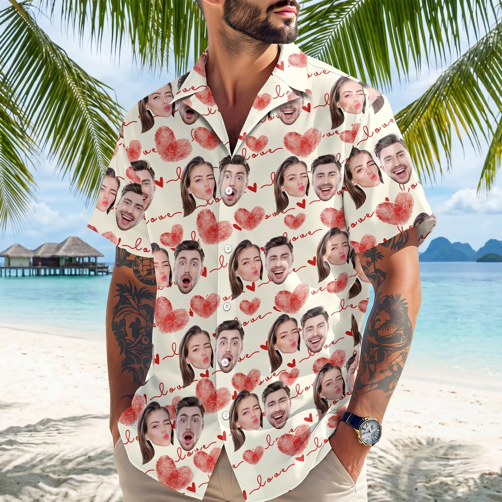 Custom Couple Photo With Heart Pattern Hawaiian Shirt