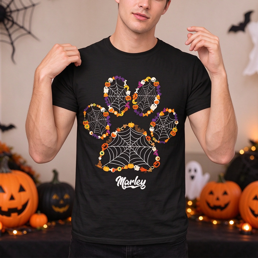 Custom Personalized Halloween Paw Print T-shirt with Spiderweb M62B5