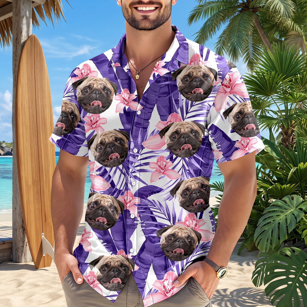 Custom Photo Funny Face Dog Cat Family Vacation Tropical Pattern Hawaiian Shirt