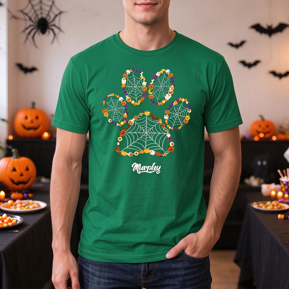 Custom Personalized Halloween Paw Print T-shirt with Spiderweb M62B5