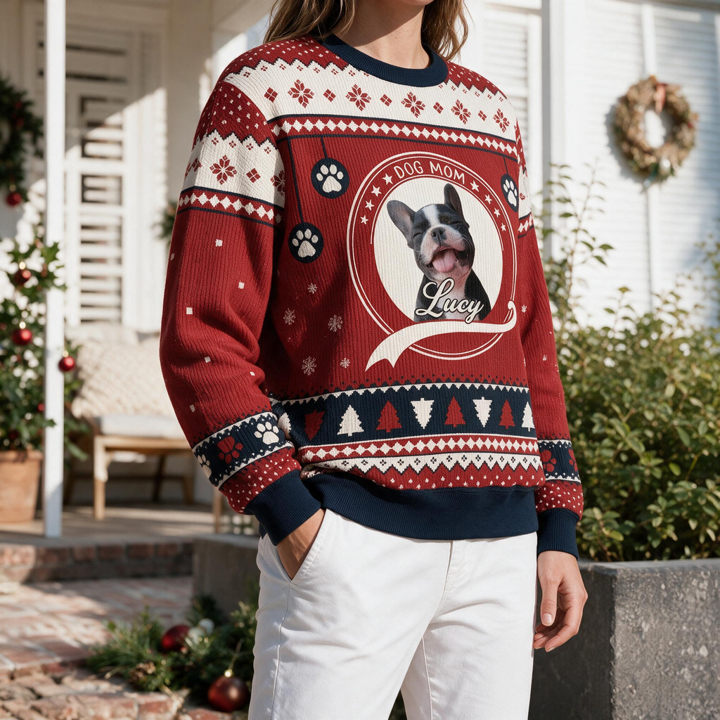 Custom Photo Upload Dog Mom Sweater with Fair Isle Pattern SBV53