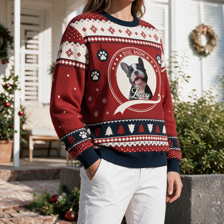 Custom Photo Upload Dog Mom Sweater with Fair Isle Pattern SBV53