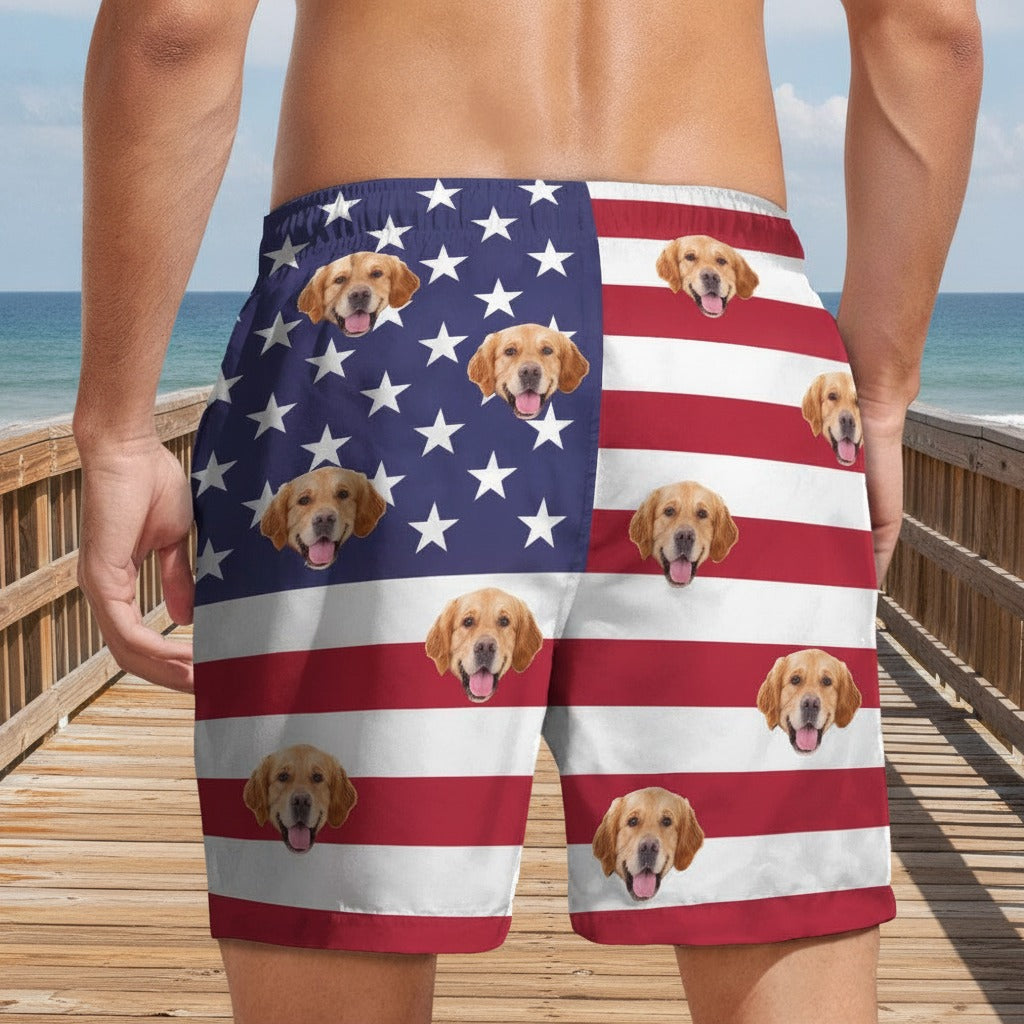 Custom Photo Dog Face American Flag Beach Short E3EAG
