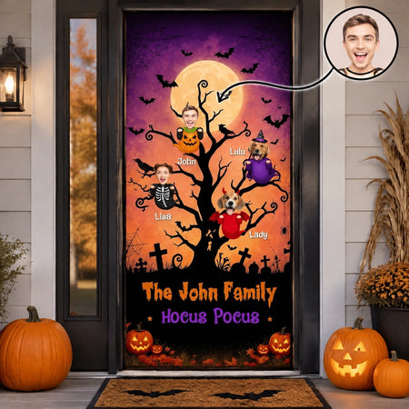 Custom Photo Upload Halloween Door Cover with Spooky Tree & Bats J5NUD