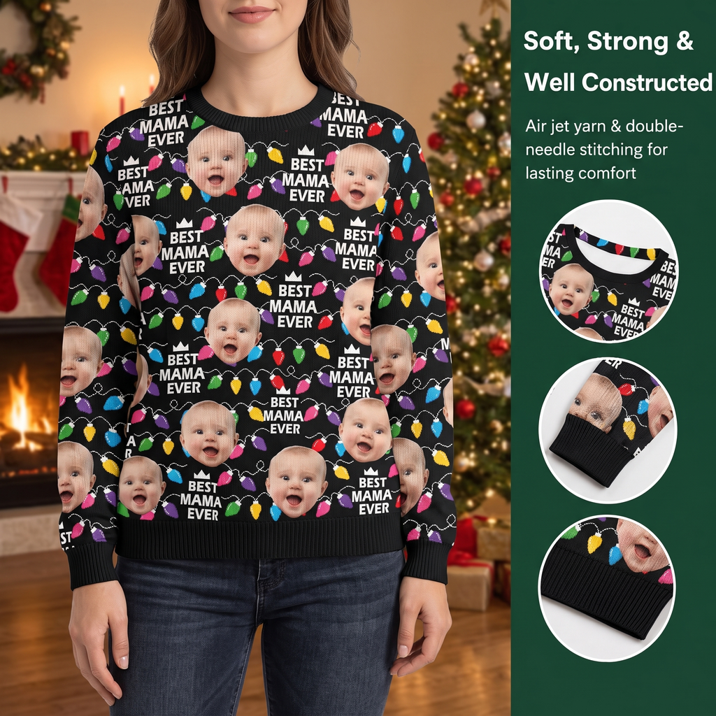 Custom Photo Upload Sweater with Best Mama Ever & Christmas Lights RNP3M