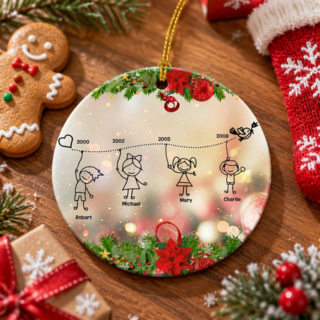 Custom Personalized Wood Ornament with Stick Family & Pine Branches UI8Q6