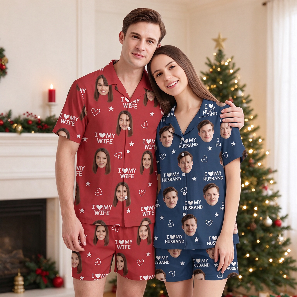 Custom Photo Upload Pajama Set with I Love My Husband Text & Stars DB9VM