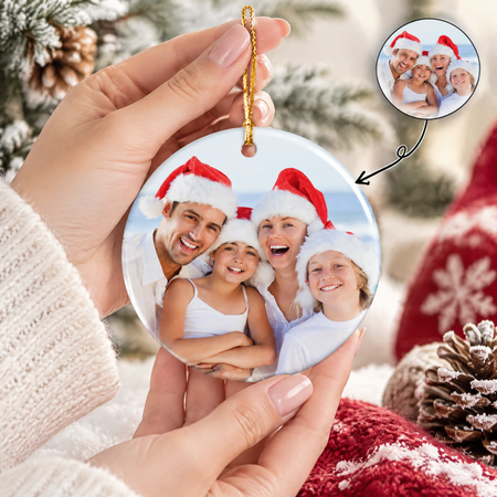 Custom Photo Upload Ceramic Ornament with Snowy Christmas Scene EOMH8