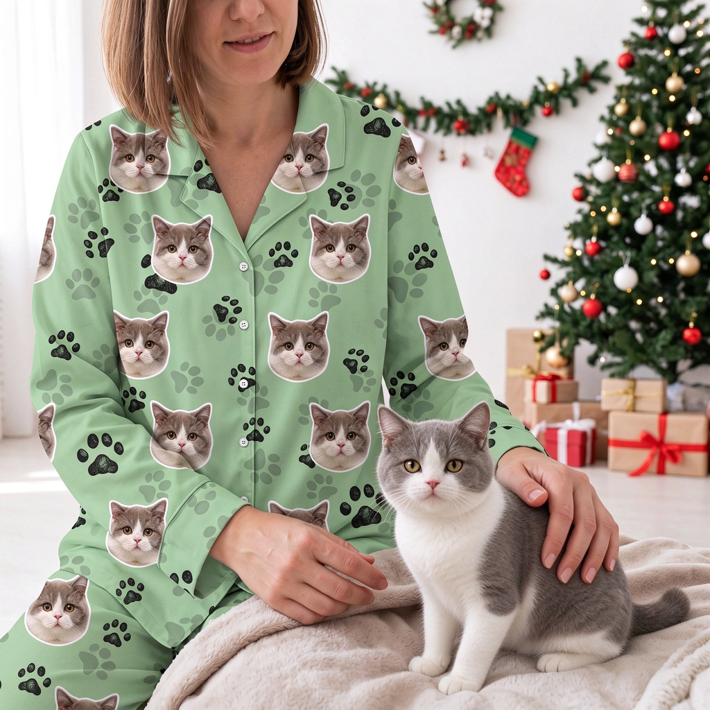 Custom Photo Upload Pajamas with Cat Faces and Paw Prints 3WVIA