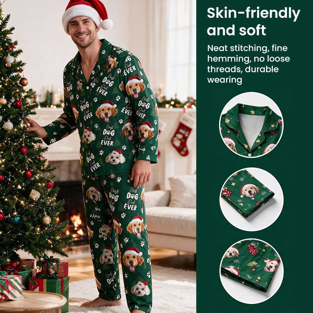 Custom Photo Upload Pajamas with Best Dog Dad Ever & Santa Hats LPOE9