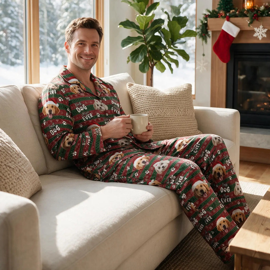 Custom Photo Upload Pajamas with Best Dog Dad Ever & Santa Hats LPOE9