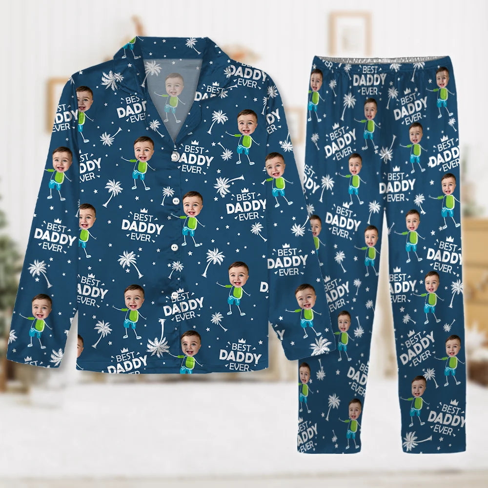 Custom Photo Upload Pajamas with Best Dad Ever Text & Palm Trees CRYV4