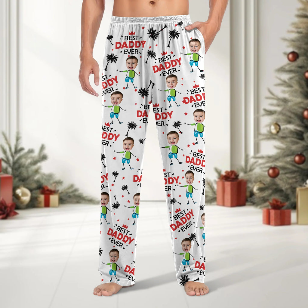 Custom Photo Upload Pajamas with Best Dad Ever Text & Palm Trees CRYV4