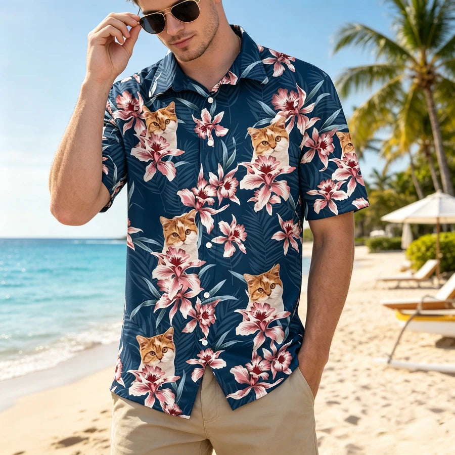 Custom Cat Lily Flowers Hawaiian Shirt - design close up view