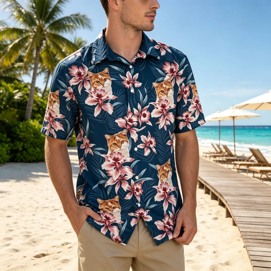 Custom Cat Lily Flowers Hawaiian Shirt - main product view with custom photo design