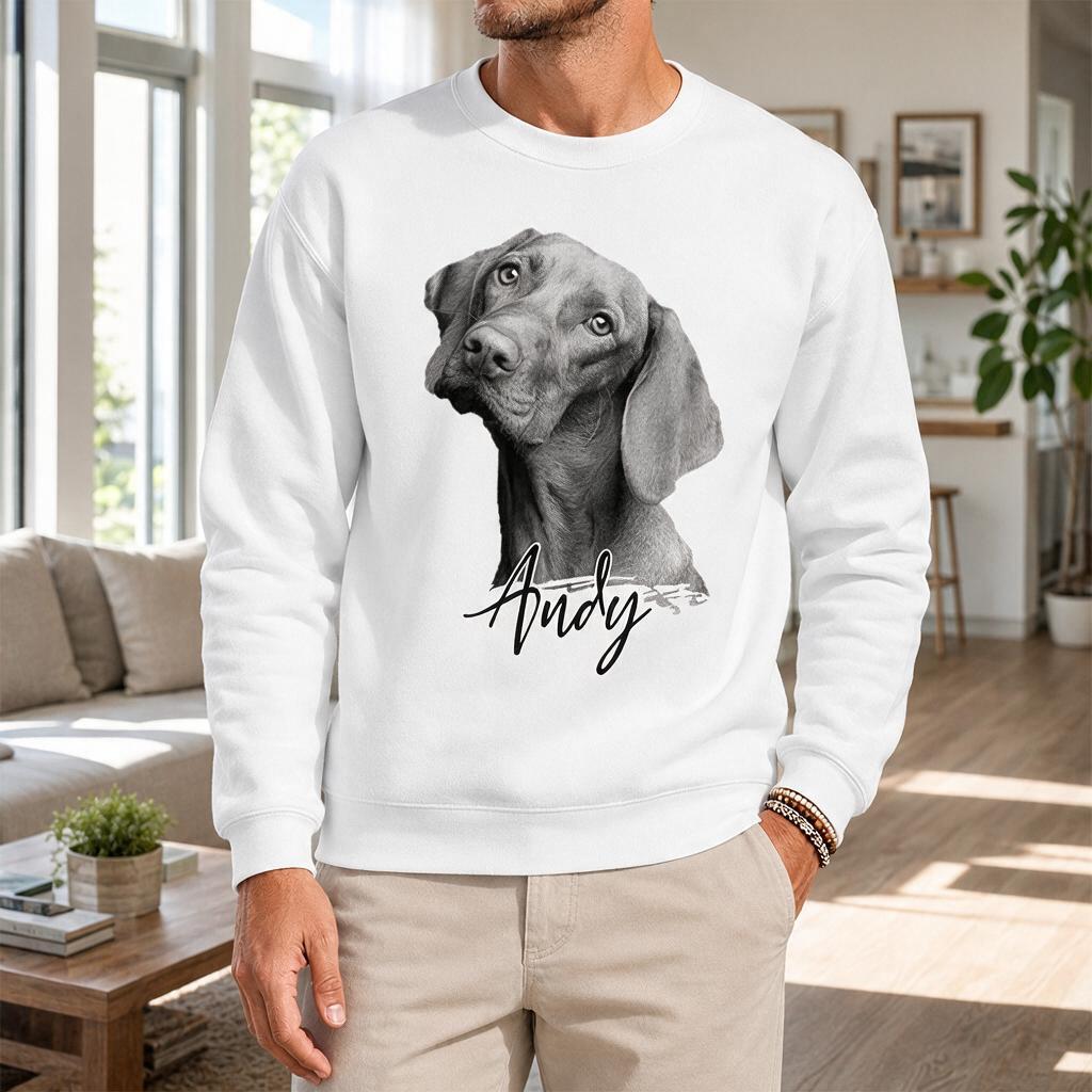White sweatshirt with a custom dog portrait printed on the front