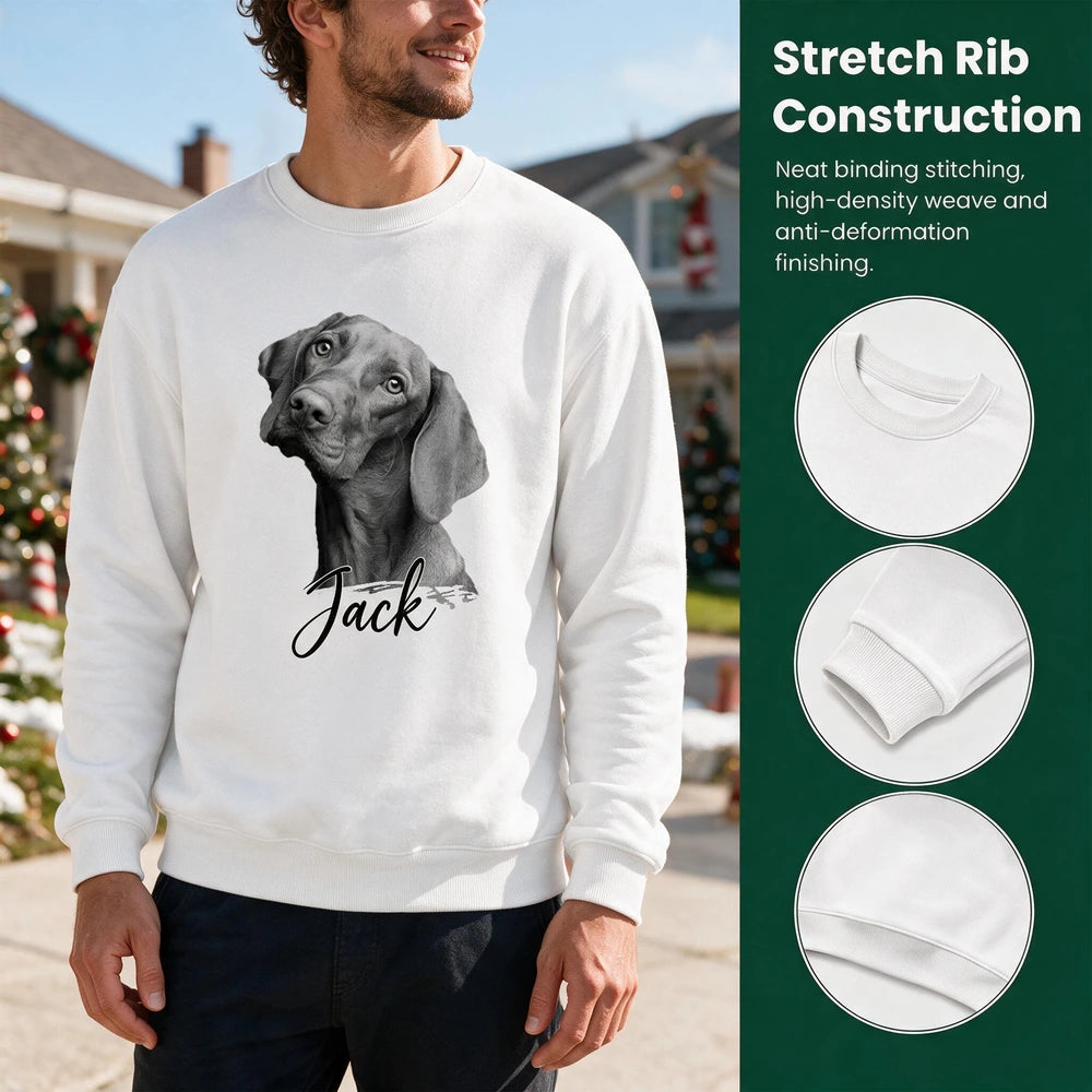 Personalized dog portrait sweatshirt featuring a custom pet photo