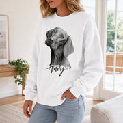 Custom pet portrait sweatshirt featuring a personalized dog portrait on a white sweatshirt