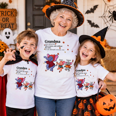 Custom Personalized Grandma T-Shirt with Elephant Kids and Fall Leaves AV1LI