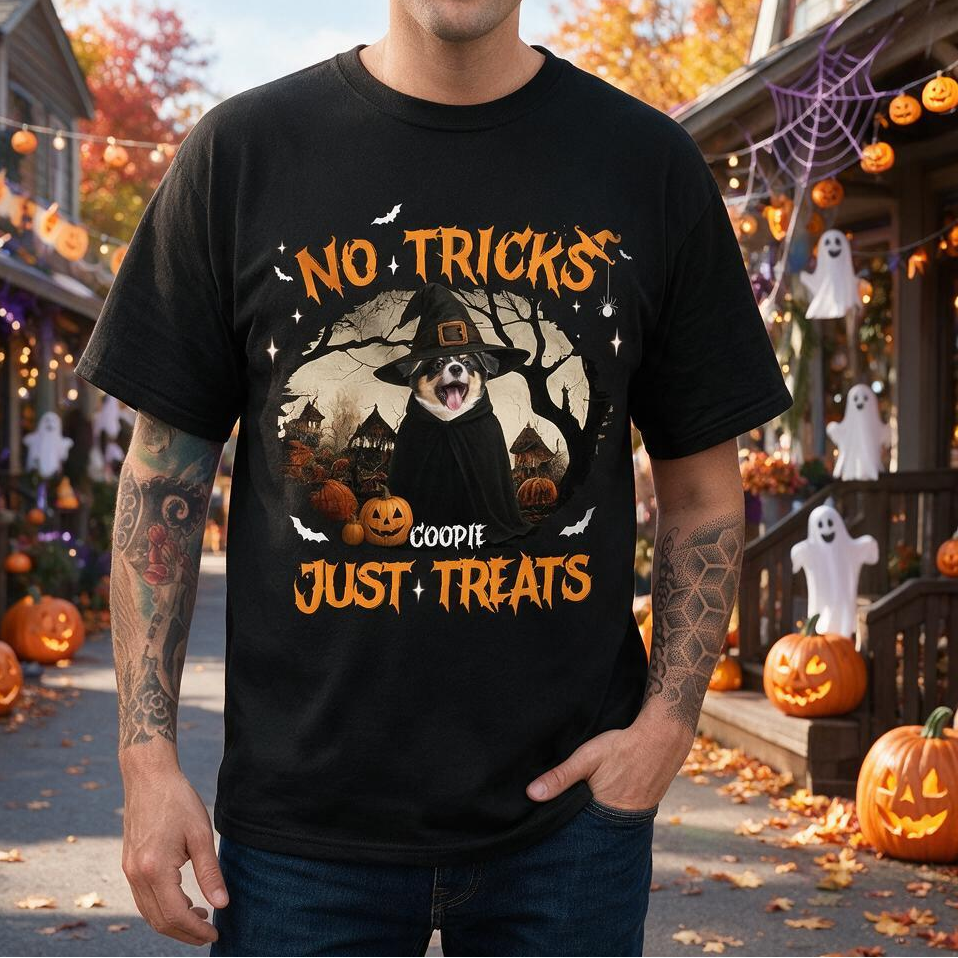 Custom Photo Dog Mom Dad T-Shirt with Halloween Moon & Dogs BUR9N